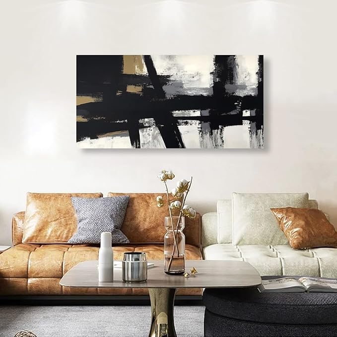 Black and White Abstract Pictures Canvas Wall Art for Living room Office Bedroom Wall Decor,Abstract Wall Art Print Paintings Modern Black Yellow Artwork Waterproof Ready to Hang-28X57 inch