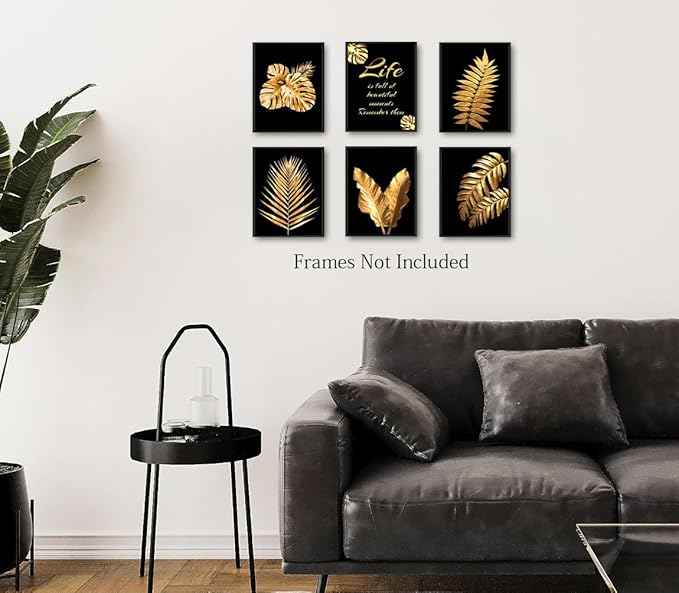 Gold Leaf Art Prints Modern Black Gold Botanical Tropical Plant Leaves Canvas Wall Art Prints,Foliage Inspirational Quotes Art for Bedroom Room Home Decor Set of 6(8"X10"Unframed)