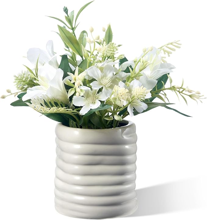 Small Fake Plants Potted Artificial Plants Indoor with Ceramic Pot Mini Faux Plants Artificial Greenery Flowers for Bedroom Bathroom Plants Home Office Room Coffee Table Decor(Lilies)