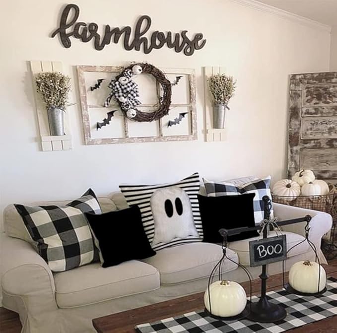 AACORS Halloween Throw Pillow Cover 18X18 Inch White Ghost Striped Decorations Holiday Farmhouse Cushion Case for Home Sofa Couch Decor AA012-18