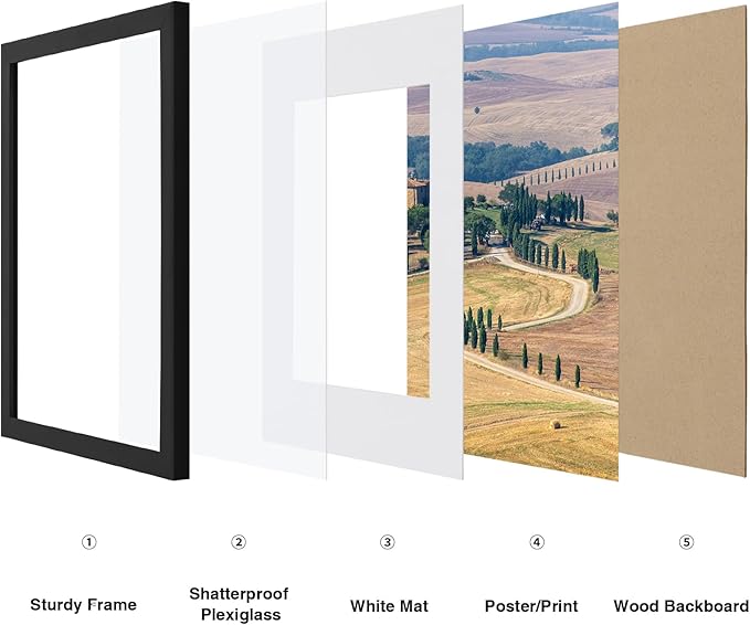 Vittanly 8x10 Picture Frames Set of 3, Display Photo 5x7 with Mat or 8x10 without Mat, Picture Frame for Wall Mount or Tabletop Display, Black
