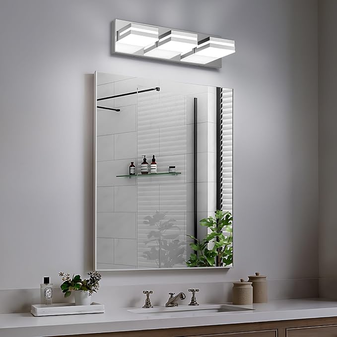 Modern LED Bathroom Lights Fixtures(3-Light),Metal Chrome Acrylic Wall Lighting,Vanity Lights for Bathroom Over Mirror(6000k 16In