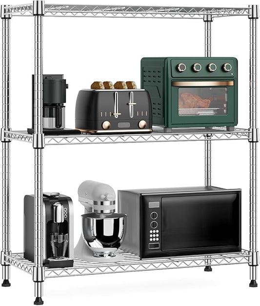 750 lbs 3 Tier Storage Rack Metal Wire Shelving Unit, Storage Standing Shelf Organizer for Laundry Bathroom Kitchen Pantry Closet Garage Basement Utility Room, Chrome 13.8" D x 29.5" W x 35.5" H