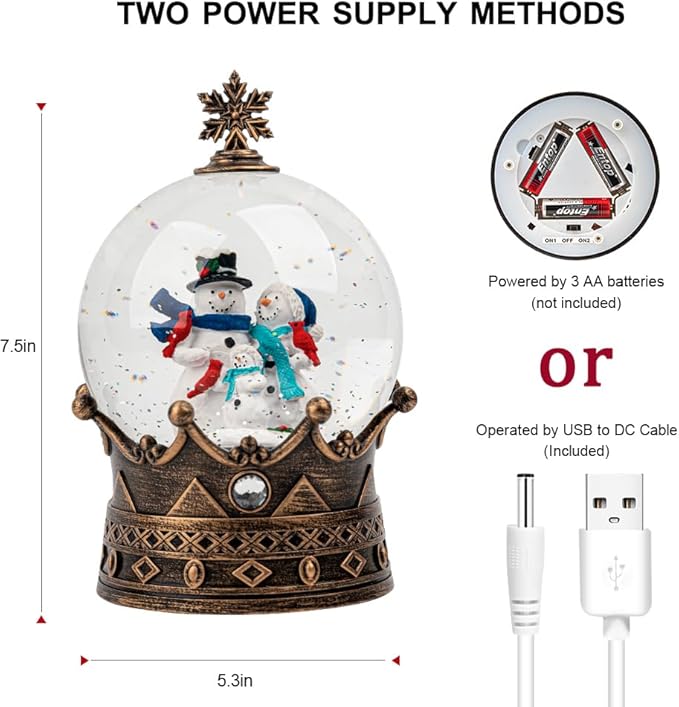 Snow Globe Lighted Christmas Decorations, Snowman Family Musical Crown Snow Globe Lantern with Swirling Glitter, Christmas Holiday Party Gifts and Decorations