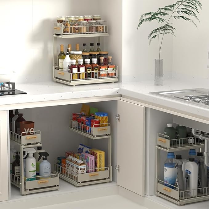 Under Sink Organizer, Pull Out Kitchen Cabinet Organizer 2 Tier Slide Out Under Sink Organizers and Storage, Sink Shelf Cabinet Storage Shelves for Kitchen Bathroom Pantry, Grey