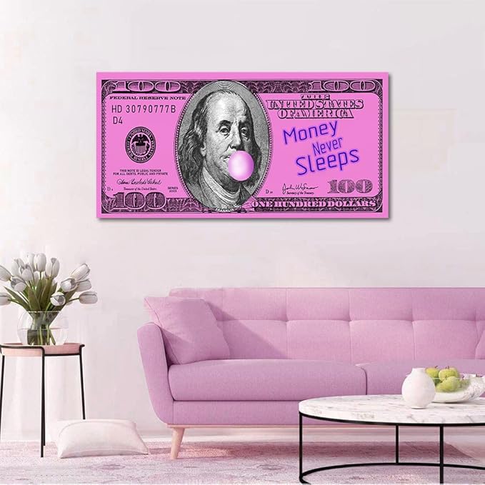 Pink Inspirational Office Canvas Art Benjamin Franklin 100 USD Dollar with Positive Quote Money Never Sleeps Creative Money Artwork Gift Choice for Men Workplace Gym Decor Framed Easy to Put-40 inch x 20 inch