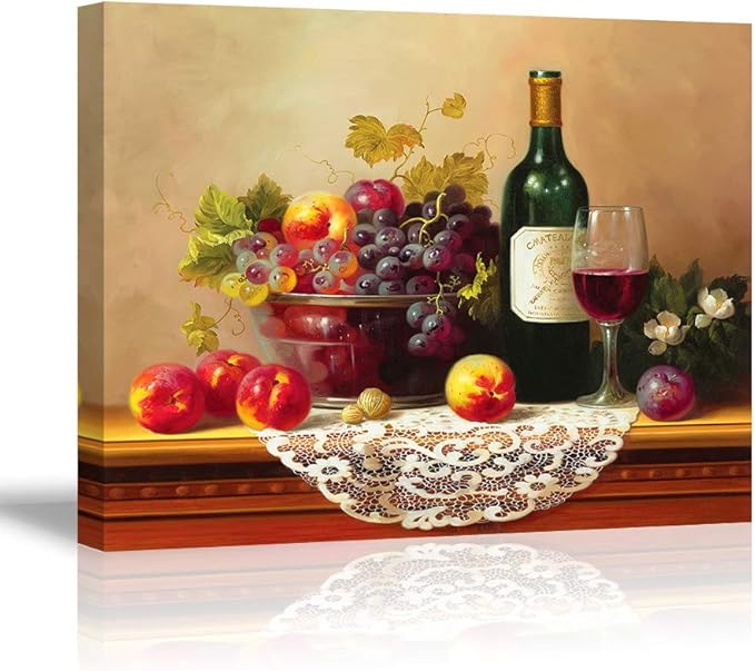 Retro Wine Pictures for Kitchen, PIY Vibrant Fruits Wall Art for Dining Room, Canvas Prints Oil Painting Reproduction of Vintage (Waterproof Artwork, Bracket Mounted Ready to Hang)