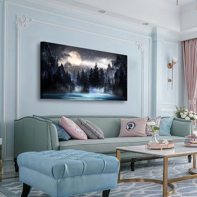 Mountain Moon Pictures Canvas Wall Art for Living room Office Bedroom Wall Decor,Moon Wall Art Print Paintings Modern Forest Nature Blue Lake Artwork Waterproof Ready to Hang-20x40inch