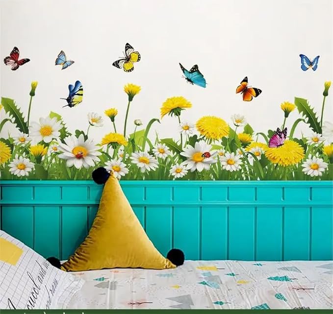 SICKER UNIVERSE 10x55 Inch Set - SunFlower Daisies Butterflies themed Floral Wall Decals for Decor, Self Adhesive Vinyl for Home Decor for Nursery, Home-Gift for Christmas, Birthday (Floral Design #4)