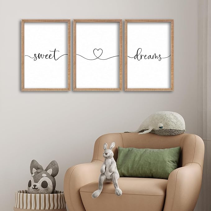 SRSZHIYUE Bedroom Above Bed Wall Decor Minimalist Sweet Dreams Sign Set of 3 16''×11'' Small Romantic Modern Farmhouse Hanging Master Bedroom Guest Room Wall Hanging Decoration（Wood）