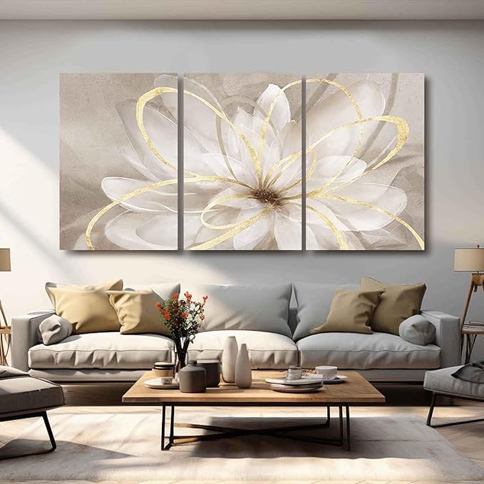 Kureful Large Pictures for Living Room Neutral Wall Art Artwork for Walls Canvas Art Gold Flowers Wall Decor for Girls Women Room Decor 24"x 36"x 3