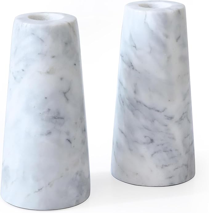 HofferRuffer Marble Candlestick Holders，Set of 2 Natural Stone Candle Holder Decorative Candle Stands for Wedding, Dinning, Party, Table Centerpieces, Fit 3/4'' Thick Taper Candles (Grey White)