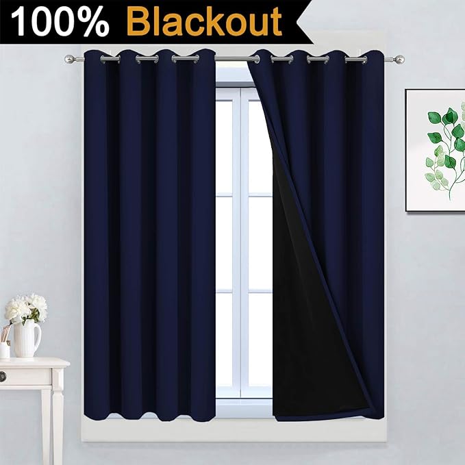Yakamok 100% Blackout Curtains 45 Inches Long, 2 Thick Layers Total Blackout Drapes, Light Blocking Thermal Insulated Lined Blackout Curtains for Bedroom(Navy Blue, 52" Width Each Panel, 2 Panels)