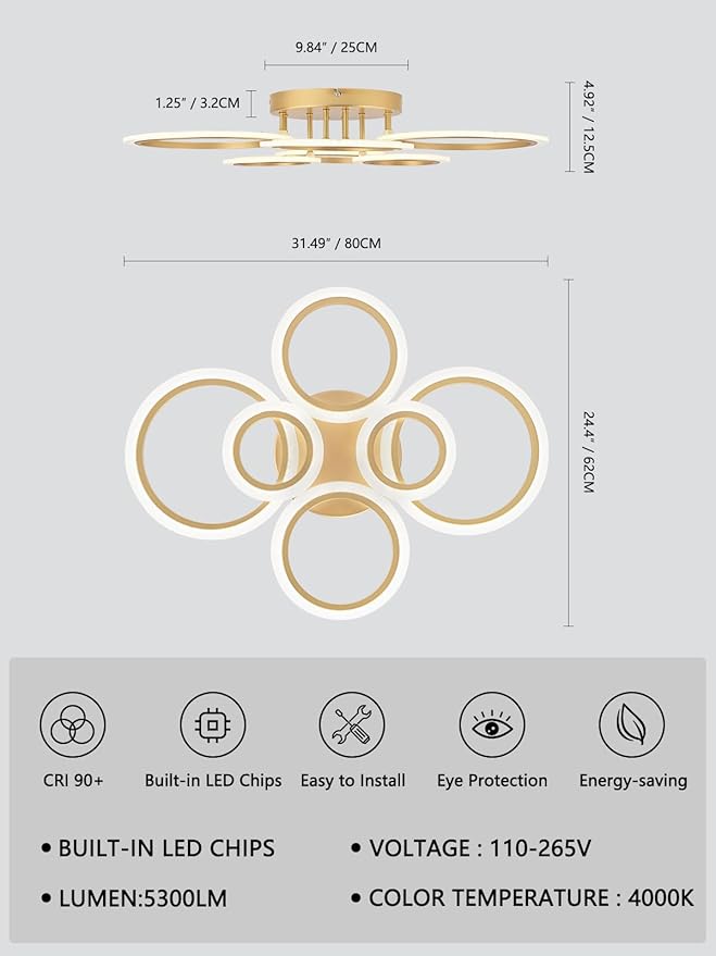 Modern LED Ceiling Light, Gold 6 Rings Flush Mount Ceiling Light, 4000K Lighting Fixture Ceiling Lamp for Kitchen, Bedroom, Living Room, Laundry Room