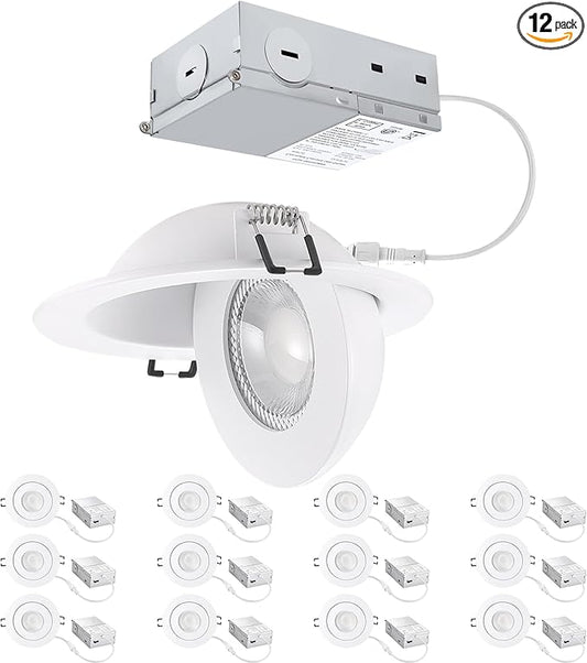 4 inch LED Gimbal Recessed Light, 9W 750lm Eyeball Sloped Ceiling Task Lighting, Soffit Wafer Indoor Directional Lighting, 90° Tilt and 360° Rotation Recessed Lighting 4 inch White 12Pack