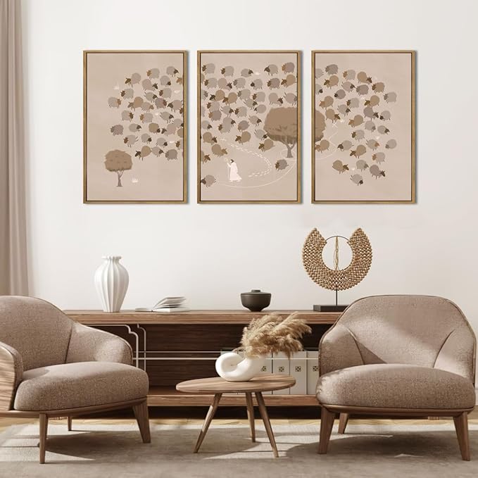 IARTTOP Large Jesus Framed Canvas Wall Art 16x24 Inch Jesus Leaves the 99 Sheep Art Prints Set of 3 God Christian Bible Wall Decor for Living Room Bedroom Church