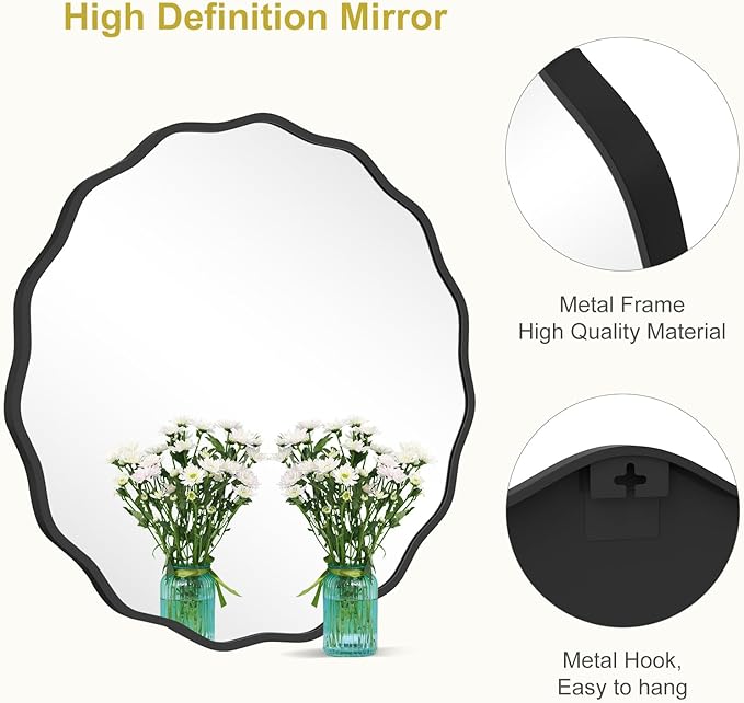 WallBeyond Round Wavy Mirror for Wall Decorative 28 inch, Modern Round Mirror Aluminum Frame for Bathroom Bedroom Living Room Home House Office Entryway, Black