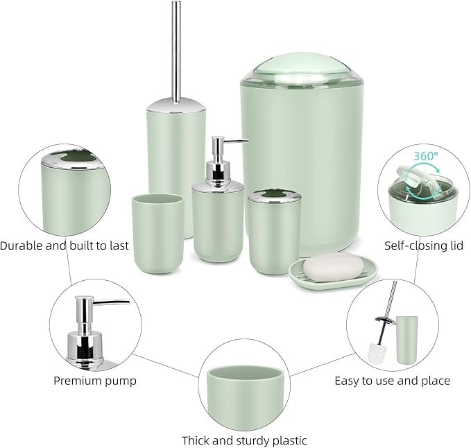 IMAVO Bathroom Accessories Set,Green Bathroom Set,7 Pieces Bathroom Accessory Set,Tray,Toilet Brush,Trash Can for Bathroom Décor and Housewarming Gifts