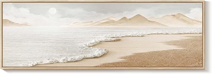 Framed Boho Coastal Beach Wall Art for Living Room, Large Neutral Ocean Canvas Artworks for Walls, Horizontal Abstract Minimalist Coastal Art Print for Bedroom Kitchen Office Wall Decor, 20x60 Inch