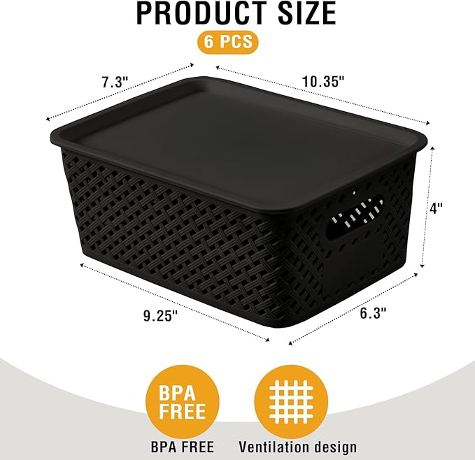 Small Plastic Twill Woven Storage Baskets with Lids, Stackable Organizing Containers with Labels for Pantry Closet Office, 6-Pack,10.35"x7.3"x4.09", Black