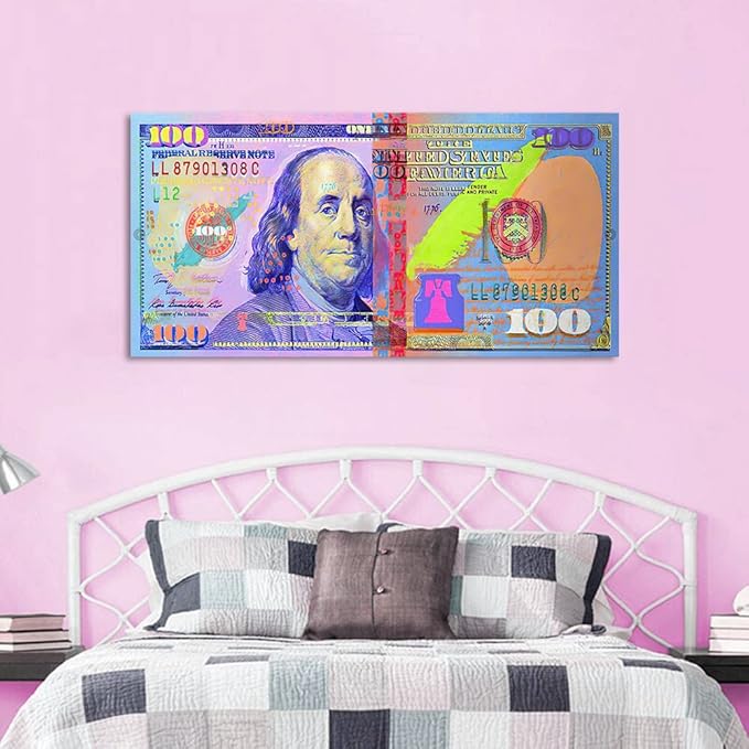 Large Money Poster Prints Inspiratioanal 100 USD Canvas Wall Art US One Hundred Dollars Bill Picture Wall Decor Modern Money Artwork for Living Room Bedroom Home Office, Framed 48 x 24 in