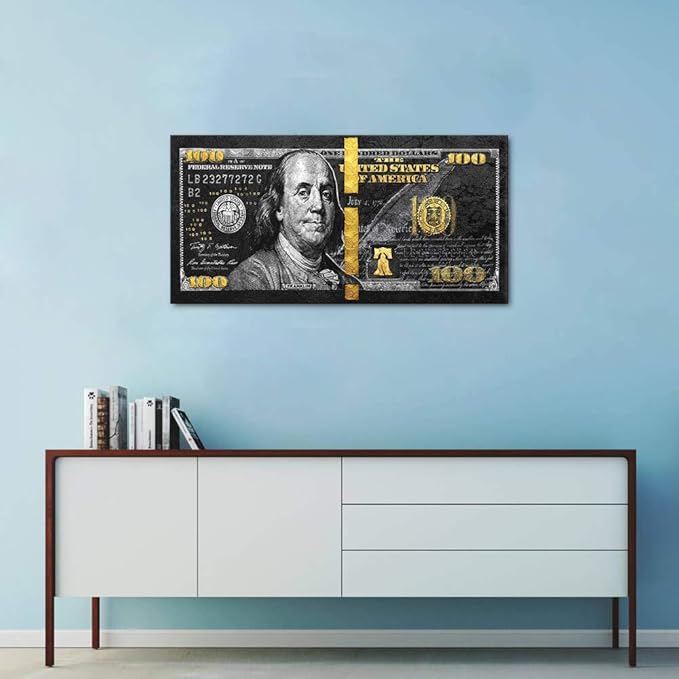 Dollars Money Posters and Prints Culture Style Street Art Inspirational Canvas Painting Wall Pictures for Living Room Cuadros Bedroom Decor Positive Artwork 100 Bill Art Framed Easy to Hang-32 Wx16 H