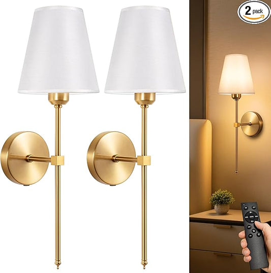 Battery Operated Wall Sconces Set of 2,LED Rechargeable Wall Lights Remote Controlled, Warm to Cool White Adjustable Brightness, Wireless Sconce with Linen Fabric for Bedroom Living Room Decor 6000mAh