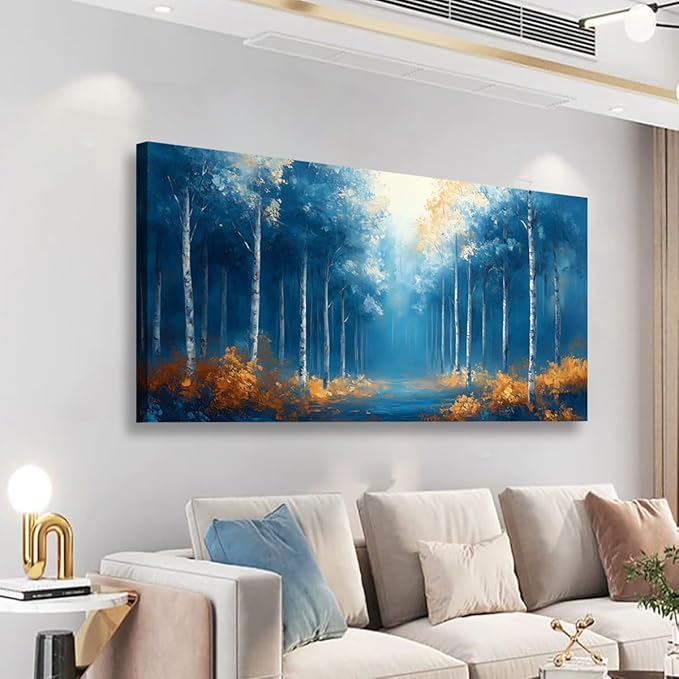 Blue Forest Pictures Canvas Wall Art for Living Room Bedroom Wall Decor,Forest Wall Art Print Paitnings for home Decor,Morden Abstract Fog Artwork Art Waterproof Stretched Ready to Hang-20x40inches