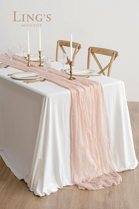 Ling's moment 10Ft x 35" Wide Blush Gauze Semi-Sheer Table Runner Cheesecloth Tablecloth for Wedding Party Bridal Shower Boho Table Decor