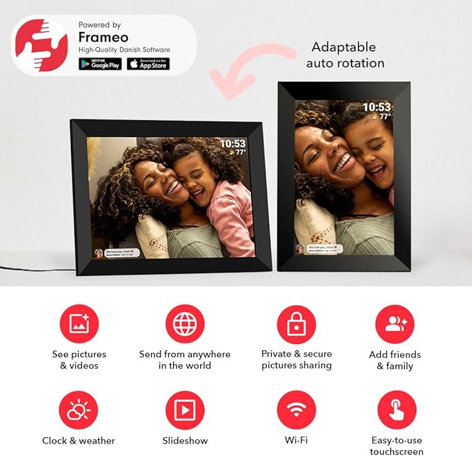 Frameo 10.1 Inch WiFi Digital Picture Frame with 1280 * 800P IPS Touch Screen HD Disply,Video Clips and Slide Show,Auto-Rotate, Wall Mountable,Send Photos Instantly from Anywhere with via Frameo APP