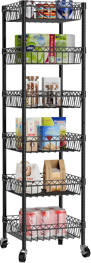 6 Shelves Storage Shelf Wire Closet Bathroom Organizers Metal Pantry Kitchen Garage Shelving Unit Laundry Room Organization Home Rack Net Basket Black with Wheels 14" Dx14 Wx64.8 H