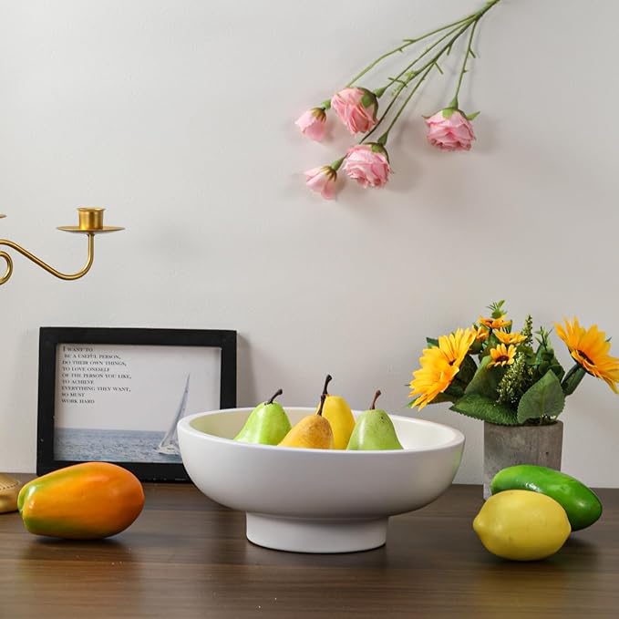 Luxurious Large Ceramic Fruit Bowl - Decorative & Entryway Bowl for Keys - Footed, Modern, White 10.4 Inch