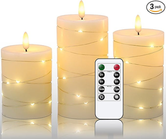 Eldnacele Flameless Candles Battery Operated with Remote and Timer, 3D Wick Flickering Embedded String Lights Real Wax LED Pillar Candles Christmas Holiday Dinner Decor Set of 3 (D3”x H4” 5” 6”)