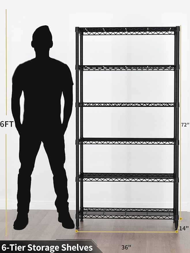 6 Tier Adjustable Storage Shelves,Heavy Duty Metal Utility Shelf 1500LBS Capacity Wire Shelving Unit Organizer Rack for Home Kitchen Pantry Room 14" D x 36" W x 72" H Black