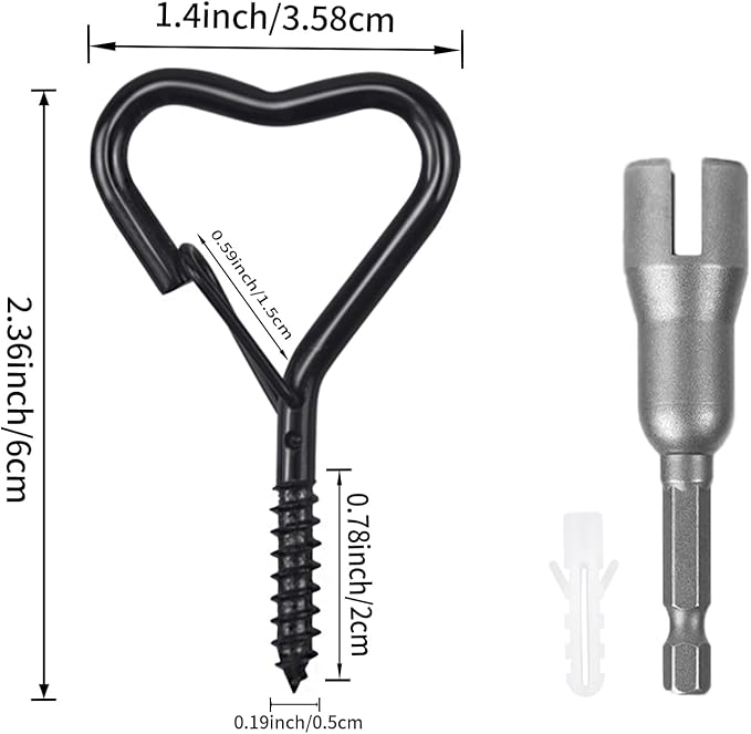 Lamp Wire Hook，Heart-Shaped Screw-in Wall Hooks for Outdoor Decor, Champagne Metal, Key Hook，Decorative Plant Hanging，Clothes Hook (Black, 25Pcs)