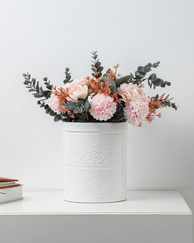 FUN ELEMENTS Kitchen Utensil Holder, 7.2" Super Large Utensil Crock Heavy and Stable Lace Emboss Ceramic Utensil Holder for Kitchen Counter (Bright White)