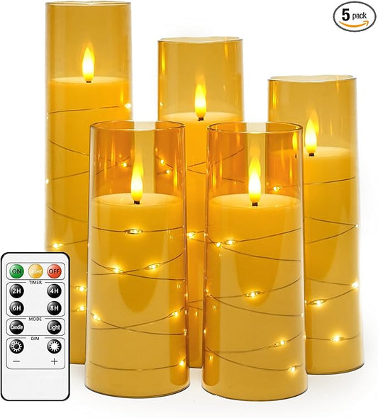 Flameless LED Candles with Timer 5 Pc Flickering Flameless Candles for Romantic Ambiance and Home Decoration Stable Acrylic Shell,with Embedded Star String，Battery Operated Candles（Gold）