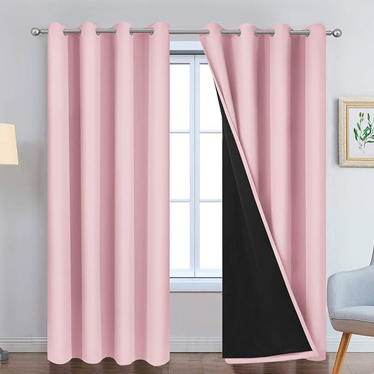 Yakamok Full Blackout Curtains 84 Inches Long,Blackout Curtain Panels for Bedroom, 2 Thick Layers Grommet Top Thermal Insulated Drapes with Black Liner for Living Room(Pink, Set of 2)