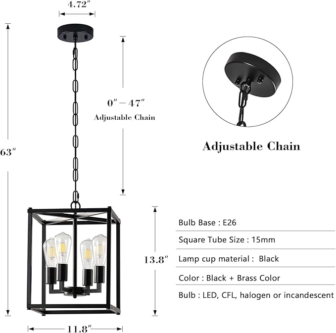 Lantern Pendant Light, 4-Light Black Chandelier,Modernized Ceiling Hanging Light Fixture for Bedroom Kitchen Island Foyer Living Room Dining Room Hallway