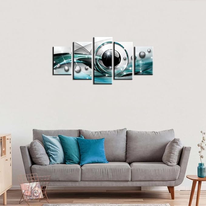 AWLXPHY Decor Abstract Canvas Wall Art Blue and Black Framed Painting for Living Room Decor Modern Simple Circle Line HD Print Artworks Giclee 5 Pieces (Teal, W80 x H40)