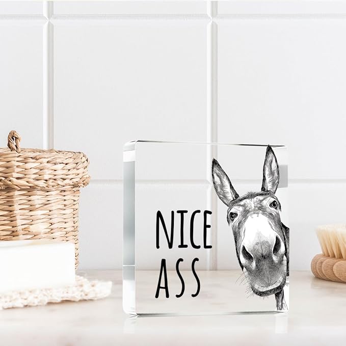 Funny Donkey Animal Prints Toilet Room Decor - Nice Ass Quotes Bathroom Acrylic Sign,Funny Bathroom Decor for Toilet Restroom Washroom Donkey Accessories 4x4 Inch