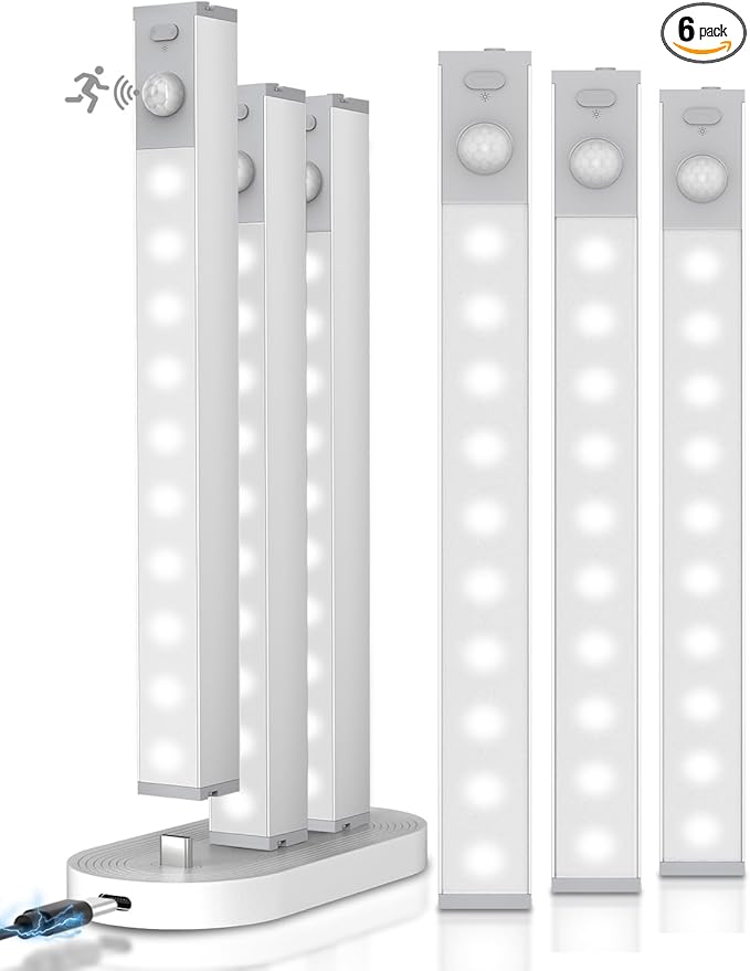 6 Pack Led Under Cabinet Lights Wireless with Charging Station, 7’’ Rechargeable Motion Sensor Light Indoor, Dimmable Closet Lights for Cabinets, Bookshelf, Stair, Hallway