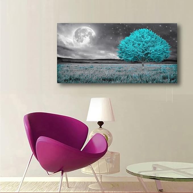 Tree of Life Wall Art Canvas Prints Natural Landscape Picture Home Decor Full Moon and Blue Tree Paintings for Living Room Bedroom Bathroom Kitchen Office Decorations 24x48 Wooden Frames Artwork