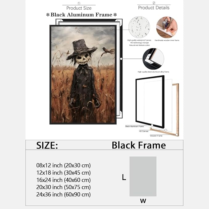 Vintage Fall Wall Art Cute Scarecrow in Field Posters Scarecrow Pictures Canvas Prints Autumn Cornfield Cottage Core Halloween Room Decor 16x24inch black framed