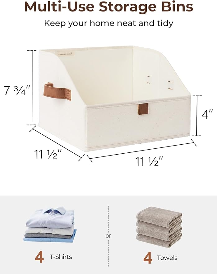 StorageWorks Closet Storage Bins, Trapezoid Organizer Box for Shelves, Fabric Clothes Bin, Foldable Organizing Baskets with Handles, Small, Ivory White, 3-Pack
