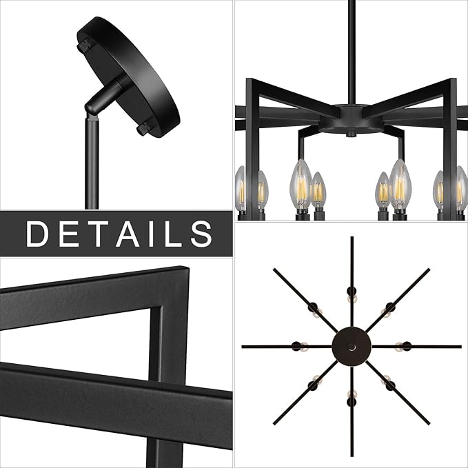 8-Light Large Black Chandelier,Dining Room Light Fixture Geometric Metal Modern Chandelier,Hanging Industrial Metal Chandelier for Kitchen Island Entryway Stairway Foyer Hallway.
