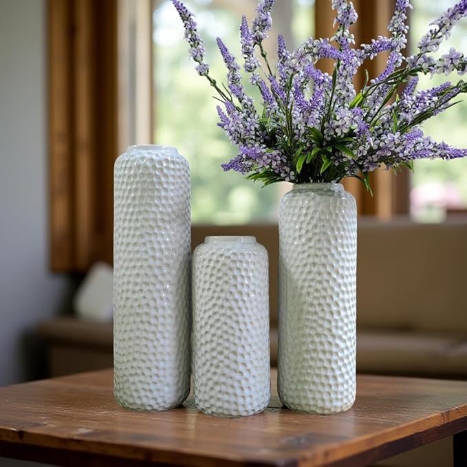 Hosley Set of 3 White Ceramic Honeycomb Vase Tall 12 Inch Medium 10 Inch Short 8 Inch High Each. Ideal Gift for Wedding Special Occasion Dried Floral Arrangements Home Office Spa