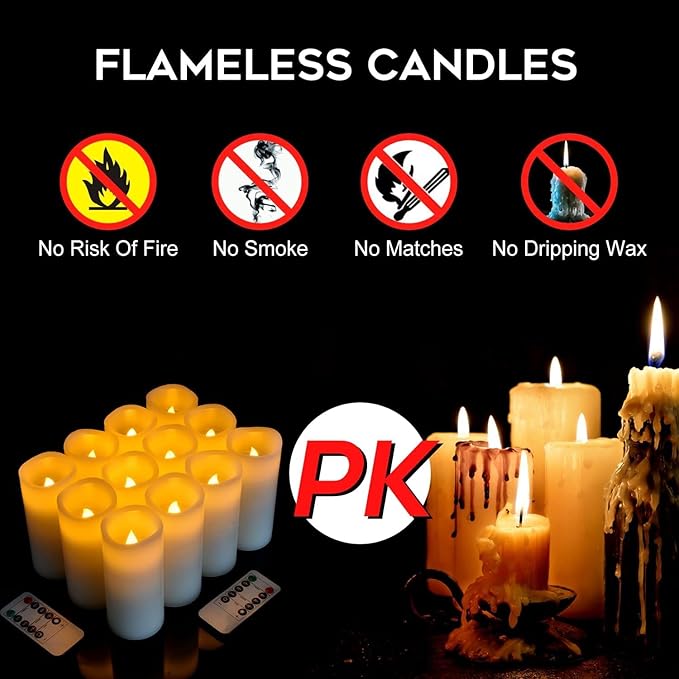 Flameless Candles Battery Operated Real Wax LED Candles Set of 12 Battery Operated Candle with Remote Control for Party Wedding Holiday Decoration (D 2.2" X H 5")