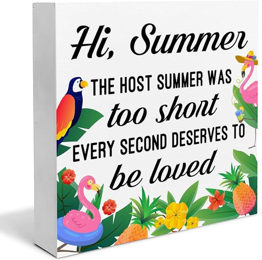 Summer Decorations Summer House Wood Block Sign Flamingo Decor for Home Desk Table Shelf 5 x 5 Inches