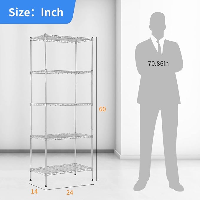 BestOffice | 5-Tier Wire Storage Shelves | 14x24x60 | Chrome | with Adjustable Racks | Heavy-Duty Metal Shelf, Holds Upto 750 lbs | No-Tool Assembly | Ideal for Home & Garage Shelving